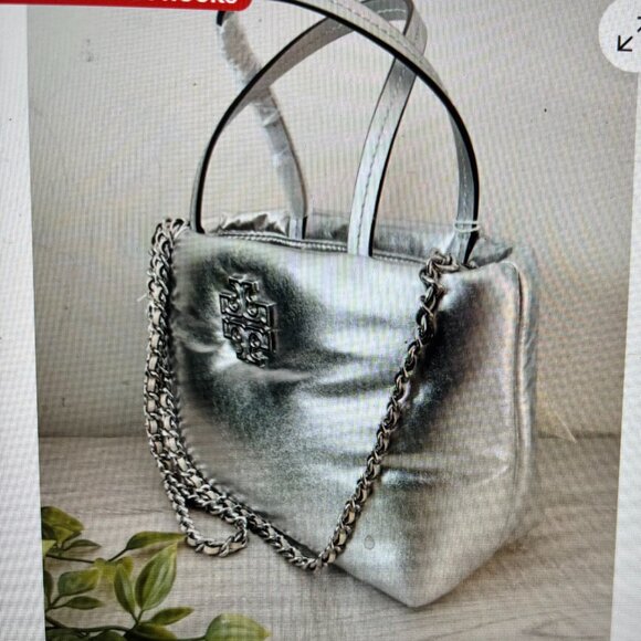 Tory Burch Britten Metallic Silver Puffy Mini Tote Crossbody Purse 171345 - Picture 3 of 4